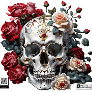 Crâne en sucre avec fleurs, roses fichier PNG - Dia de Los Muertos - Téléchargement numérique pour Cricut, Silhouette et sublimation - Fond transparent