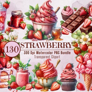 Paquete de 130 imágenes PNG de fresas en acuarela para pasteles, helados, limonadas, cremas y chocolates. Ideal para desayunos, postres, cupcakes, cócteles y dulces.