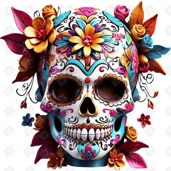 Colorful Sugar Skull PNG File - Dia de Los Muertos - Digital Download for Cricut,Silhouette and Sublimation - Transparent Background