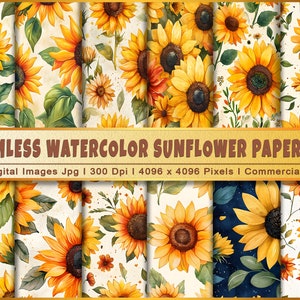 Lot de tournesols fous aquarelle | 12 modèles sans couture uniques | Papier numérique | Parfait pour le scrapbooking, les travaux manuels, la fabrication de cartes et plus de projets