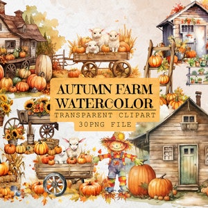 Aquarel herfst boerderij clipartbundel: 30 png-scènes, huisje, pompoen, boerderij. Oogsttijd herfstkunst voor commercieel gebruik, kaarten, stickers
