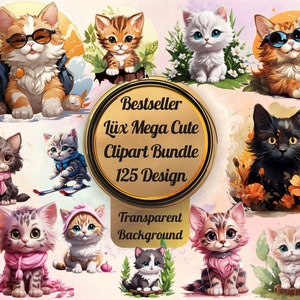Cute Cat Clipart Bundle,Clipart Set of 125 High Quality PNGs, Happy Cats, Cartoon Cat PNG,T-Shirt Design, Instant Download, Commercial use