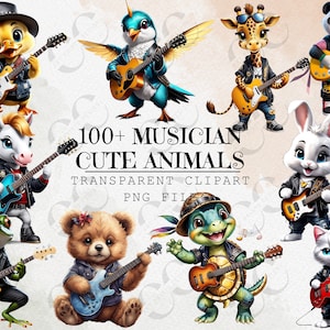 100+ niedliche Cartoon-Tiere, die Gitarren spielen und Lieder singen. Tiere Musiker PNG Clipart Bundle, Aquarell Illustrationen Aufkleber für Kinder