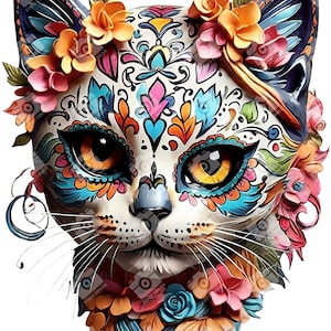 Archivo PNG de calavera de azúcar de gato colorido - Día de Los Muertos - Descarga digital para Cricut, silueta y sublimación - Fondo transparente
