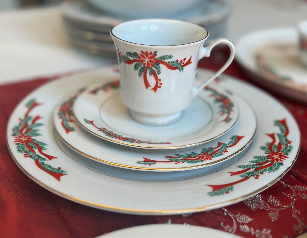 Poinsettia Ribbon Fine China Butter Dish Dinner Plates