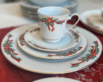 Poinsettia & Ribbon Fine China | Butter Dish | Dinner Plates | Serving Pieces
