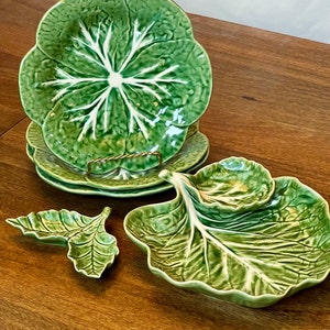 Bordallo Pinheiro Green Cabbage Plates | Chip & Dip | Double Salt Dip