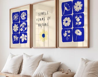Blue Botanical Wall Art Set | Mid-Century Modern Floral Prints (Digital Download)
