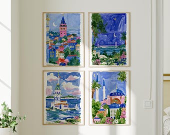 Istanbul Wall Art Set, Colorful Landmarks, Mediterranean Boho Prints (Digital Download)