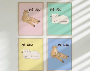 Funny Cat Wall Art Set, Me Wow Prints, Colorful Eclectic Gallery Wall (Digital Download)