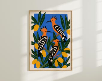 Hoopoe Bird Wall Art | Mediterranean Olive Tree Print | Colorful Maximalist Decor (Digital Download)