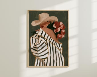 Western Cowgirl Portrait Print | Floral Bouquet, Rustic Feminine Art (Digital Download)