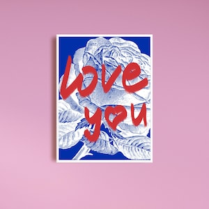 Pop Art Valentinstag Poster | Liebe dich Zitat Bold Font | Moderne romantische Wandkunst | Yves Klein Blauer Druck | Valentinstag Dekor