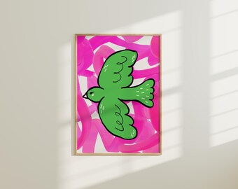 Flying Dreams Print | Green Bird Poster | Minimalist Abstract Wall Art (Digital Download)