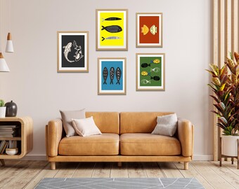 Modern Fish Prints: Set of 5 Colorful Abundance Wall Art (Digital Download)