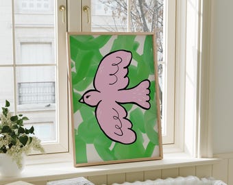 Flying Dreams Print | Pink Bird Art | Modern Minimalist Illustration | Abstract Green Background (Digital Download)