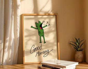 Good Morning Frog Poster, Singing Animal Illustration Print, Cheerful Bathroom Wall Decor