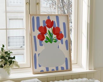 Red Floral Vase Wall Art – Modern Minimalist Flower Print | Dopamine Decor (Digital Download)