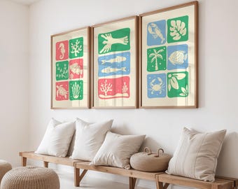 Coastal Sea Life Wall Art Set | Modern Nautical Prints in 5 Sizes