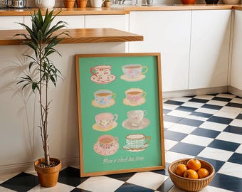 Five O’Clock Tea Time Poster | Teacup Print | Retro Kitchen Cottagecore Decor (Digital Download)