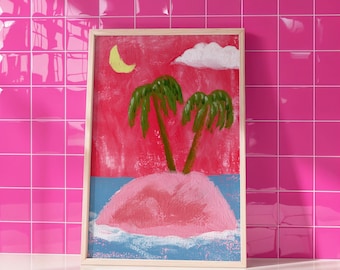 Tropical Island Wall Art: Pink Naive Art Coastal Print (Digital Download)