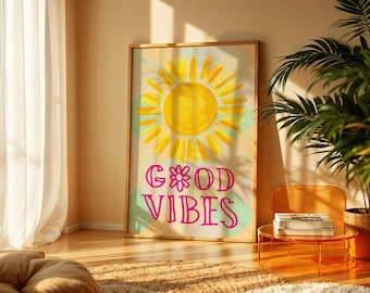 Good Vibes Sunshine Poster | Retro 70s Art Print for Feel-Good Decor