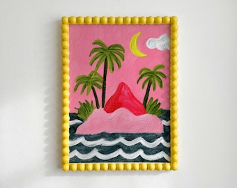 Volcano Island Wall Art: Pink Tropical Folk Art Print (Digital Download)