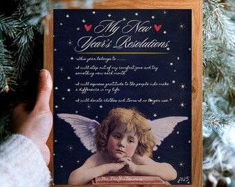 Personalized New Year Resolutions Poster: Celestial Angel Art (Digital Download)