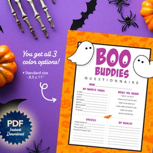 Boo Buddies Questionnaire for Halloween Gift Exchange - Printable PDF - Use with friends, family, kids, co-workers, and more!