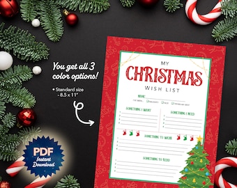 May include: Printable Christmas wish list template with a red background and a green Christmas tree illustration. The template includes sections for "Something I Want", "Something I Need", "Something to Wear", and "Something to Read".