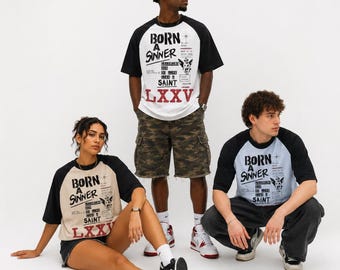 Saint & Sinner Raglan T Shirt, Vintage Streetwear Tee, Heavyweight 250 GSM Graphic Shirt, Oversized Cotton Baseball Tee, Unisex Washed Shirt