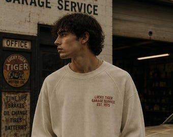 Lucky Tiger Vintage Wash Waffle Knit T Shirt, Heavyweight Boxy Long Sleeve Tee, 340 GSM Streetwear Shirt, Oversized Textured Thermal Shirt