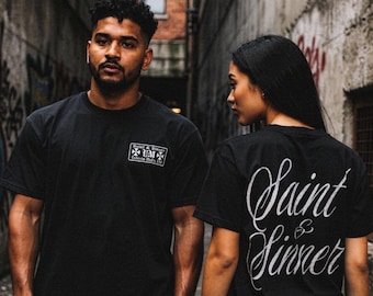 Saint & Sinner Embroidered T-Shirt – Oversized Streetwear Tee, Minimalist Gothic Shirt, Dark Aesthetic Unisex Tee