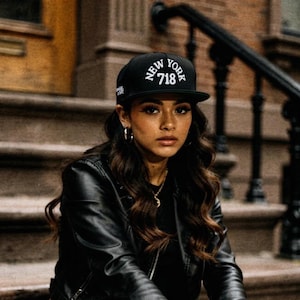 May include: Black baseball cap with "NEW YORK 718" text. The cap is worn by a person wearing a black leather jacket and black pants. The person is sitting on outdoor steps.