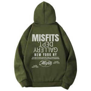 Military Green Gildan 18500 Hoodie with Misfits Dept Gallery Print on the front and back.