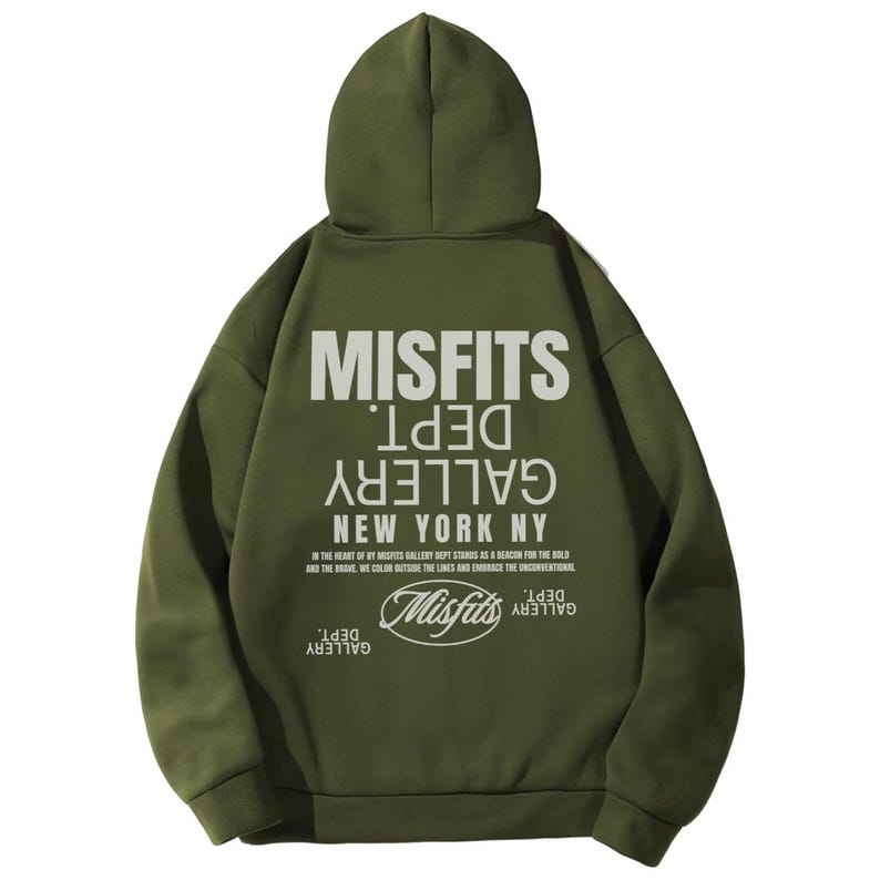 Military Green Gildan 18500 Hoodie with Misfits Dept Gallery Print on the front and back.