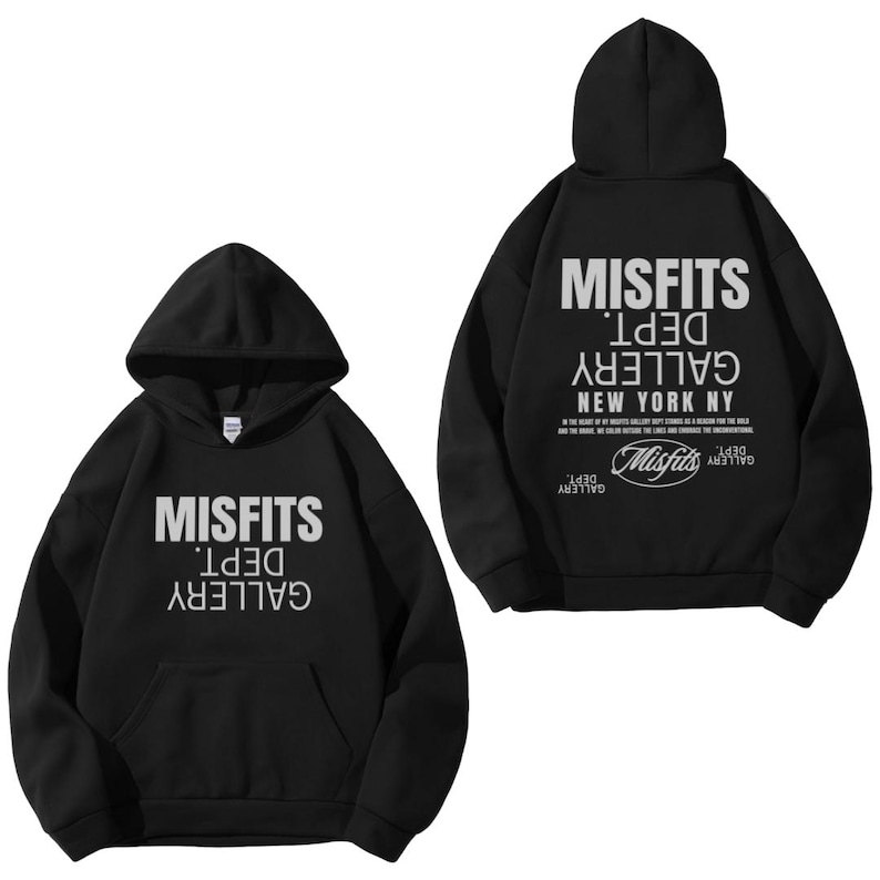 Black Gildan 18500 Hoodie with Misfits Dept Gallery Print on the front and back.