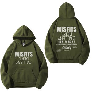 Military Green Gildan 18500 Hoodie with Misfits Dept Gallery Print on the front and back.