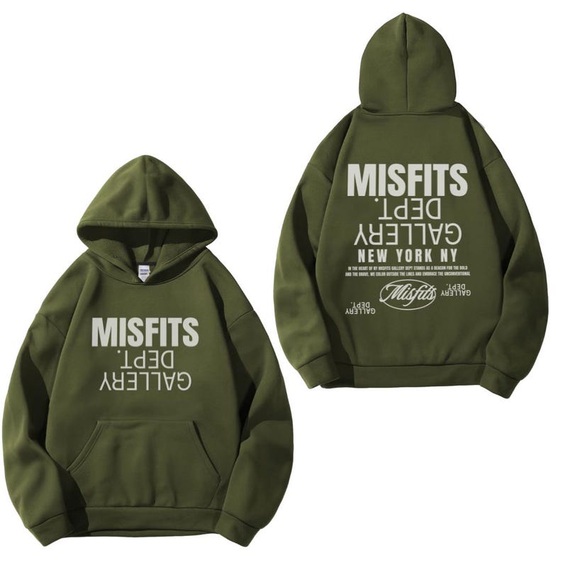 Military Green Gildan 18500 Hoodie with Misfits Dept Gallery Print on the front and back.