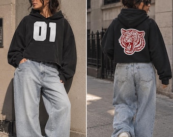 Lucky Tiger 01 Boxy Hoodie, Vintage Wash Raw Edge Graphic Hoodie