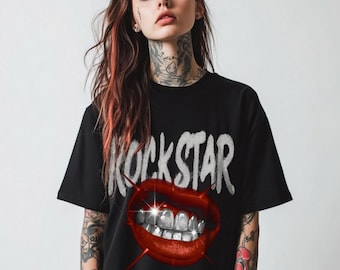 Rockstar Red Lips Graphic Tee – Distressed Y2K Grunge Comfort Colors Shirt, Oversized Concert Aesthetic Streetwear T-Shirt