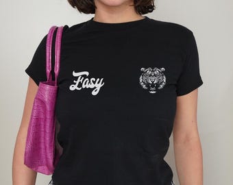 Easy Tiger Baby Tee – Y2K Tiger Graphic Crop Top, Retro Streetwear Baby Tee, Aesthetic Tiger Shirt