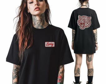 Embroidered Lucky Tiger Graphic Tshirt | Oversized Comfort Colors Unisex Streetwear Shirt |  Tattoo Style 90's Grunge Shirt
