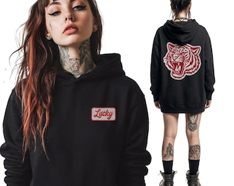 Lucky Tiger Hoodie – Embroidered Lucky Patch Streetwear Hoodie, Unisex Graphic Hoodie, Y2K Grunge Oversized Style