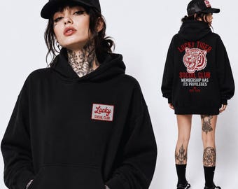 Lucky Tiger Social Club Embroidered Hoodie, Oversized Streetwear Hoodie, Heavyweight Vintage Graphic Hoodie, Relaxed Fit Unisex Hoodie