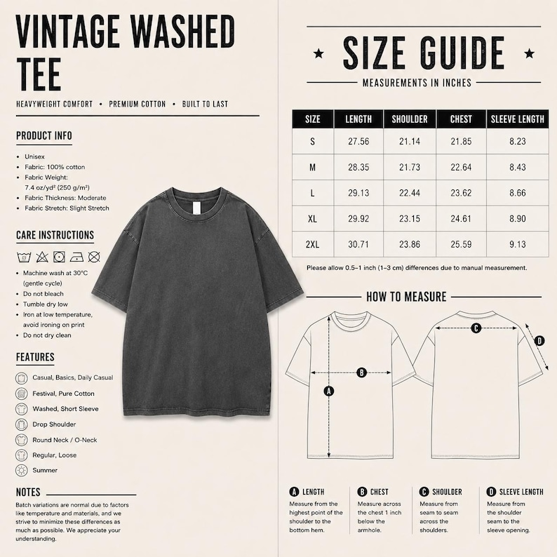 May include: A charcoal gray short-sleeve t-shirt with a round neck and drop shoulder design. The image includes a size guide table with measurements in inches, product information, care instructions, and a diagram illustrating how to measure.
