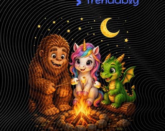 Lindo Bigfoot Unicornio Dragón Fogata PNG: Kawaii Criaturas Míticas Aventura de Acampada PNG Divertido Clipart Fantástico (Descarga Digital)