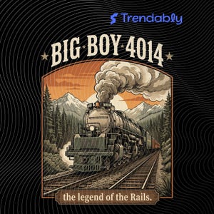 May include: Illustration of a vintage steam train, "Big Boy 4014," with smoke billowing from its smokestack. The design features a mountain landscape, trees, and the text "the legend of the Rails."