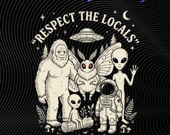 Respeta a los locales PNG: Sellos vintage de alienígenas críptidos, Bigfoot, Mothman, OVNI PNG, estética retro de camping (descarga digital)