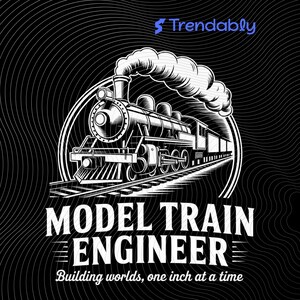 May include: Black and white illustration of a steam train with the text "MODEL TRAIN ENGINEER" and "Building worlds, one inch at a time." The image has a vintage style and is set against a black background.